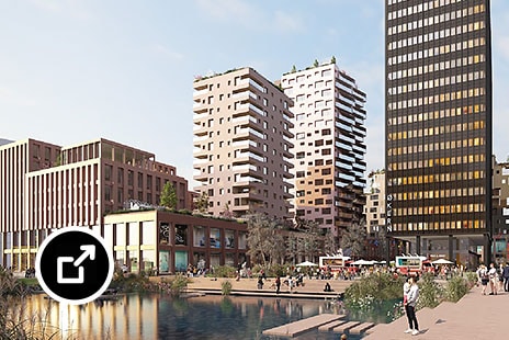 Rendered urban landscape with several tall buildings and people strolling through a plaza 